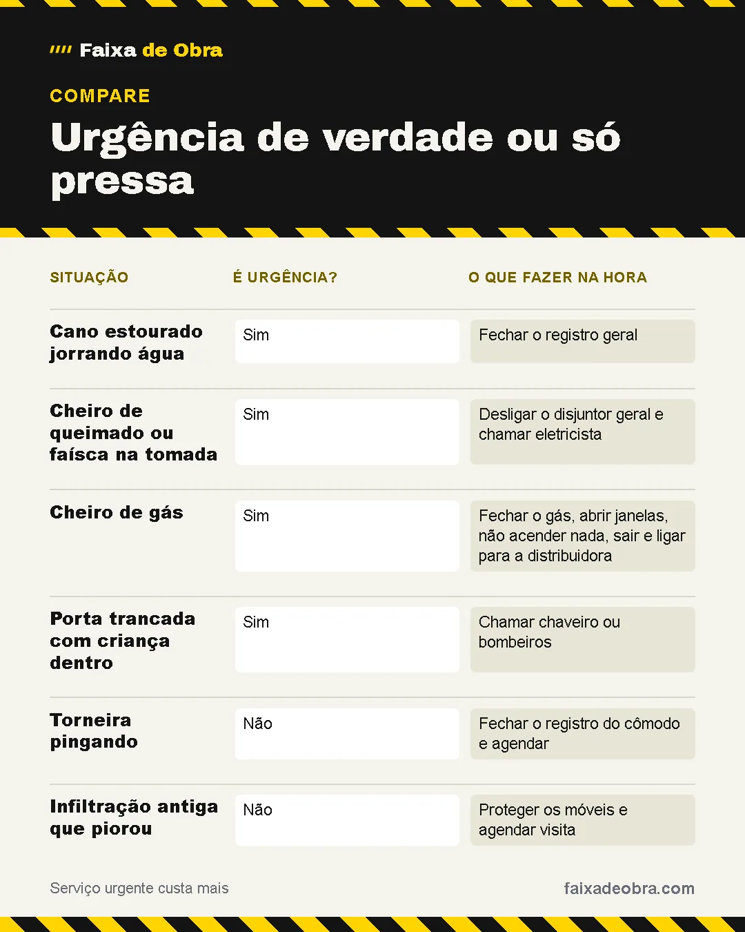 Comparativo "Urgência de verdade ou só pressa": Cano estourado jorrando água: é urgência? sim, o que fazer na hora fechar o registro geral; Cheiro de queimado ou faísca na tomada: é urgência? sim, o que fazer na hora desligar o disjuntor geral e chamar eletricista; Cheiro de gás: é urgência? sim, o que fazer na hora fechar o gás, abrir janelas, não acender nada, sair e ligar para a distribuidora; Porta trancada com criança dentro: é urgência? sim, o que fazer na hora chamar chaveiro ou bombeiros; Torneira pingando: é urgência? não, o que fazer na hora fechar o registro do cômodo e agendar; Infiltração antiga que piorou: é urgência? não, o que fazer na hora proteger os móveis e agendar visita.